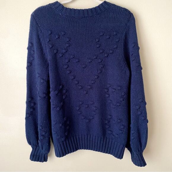 Crown & Ivy | Heart Pom Pom Crewneck Sweater Pullover Cozy Navy Blue Medium - Picture 3 of 5